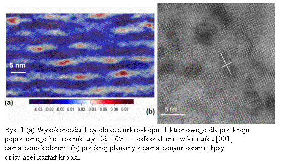Pole tekstowe:  
Rys. 1 (a) Wysokorozdzielczy obraz z mikroskopu elektronowego dla przekroju poprzecznego heterostruktury CdTe/ZnTe, odksztacenie w kierunku [001] zaznaczono kolorem, (b) przekrj planarny z zaznaczonymi osiami elipsy opisujcej ksztat kropki.
