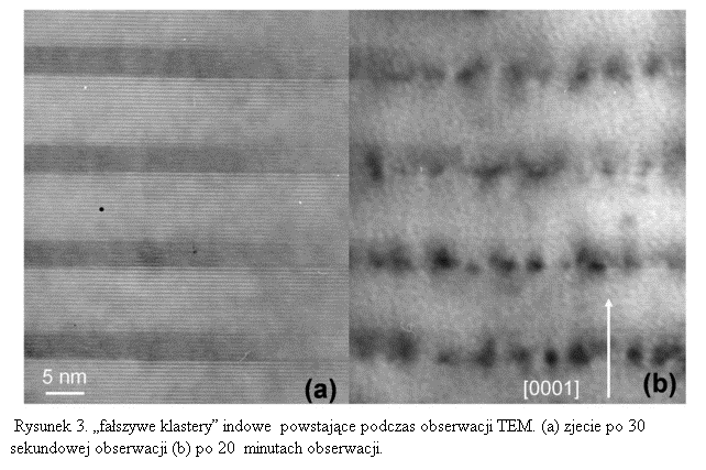 Pole tekstowe:   Rysunek 3. faszywe klastery indowe  powstajce podczas obserwacji TEM. (a) zjecie po 30 sekundowej obserwacji (b) po 20  minutach obserwacji.